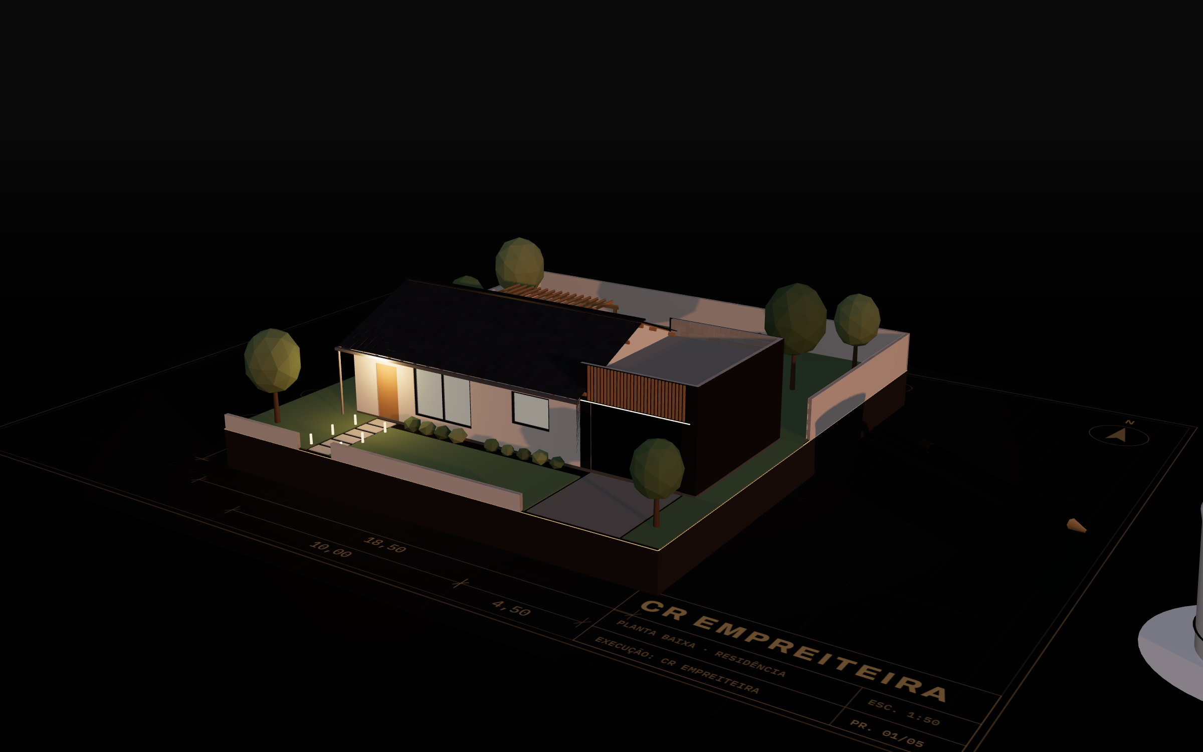 Maquete arquitetônica de casa iluminada sobre plantas de projeto, em luz de fim de tarde (imagem ilustrativa)