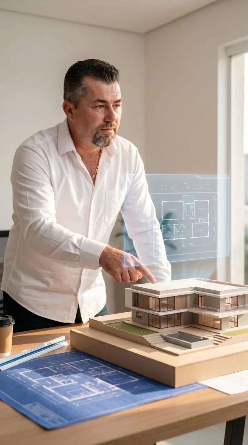 Denis Carvalho Rodrigues, fundador da CR Empreiteira, apontando para a maquete de uma casa sobre a planta