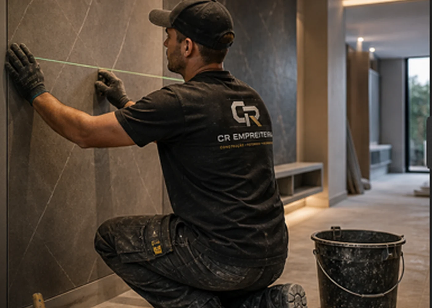Profissional da CR Empreiteira aplicando acabamento em porcelanato